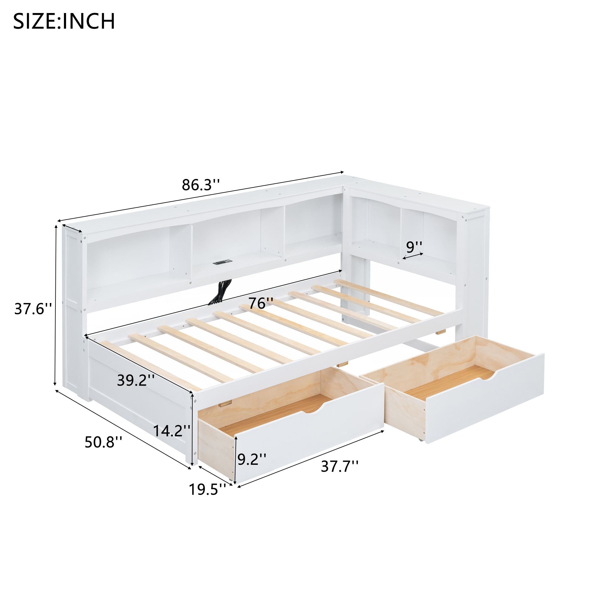 Vinsetto Twin Size Daybed with 2 Storage Drawers, Storage Cabinets, USB Ports, Solid Wood and MDF, 86\\" L x 51\\" W x 37.5\\" H, White