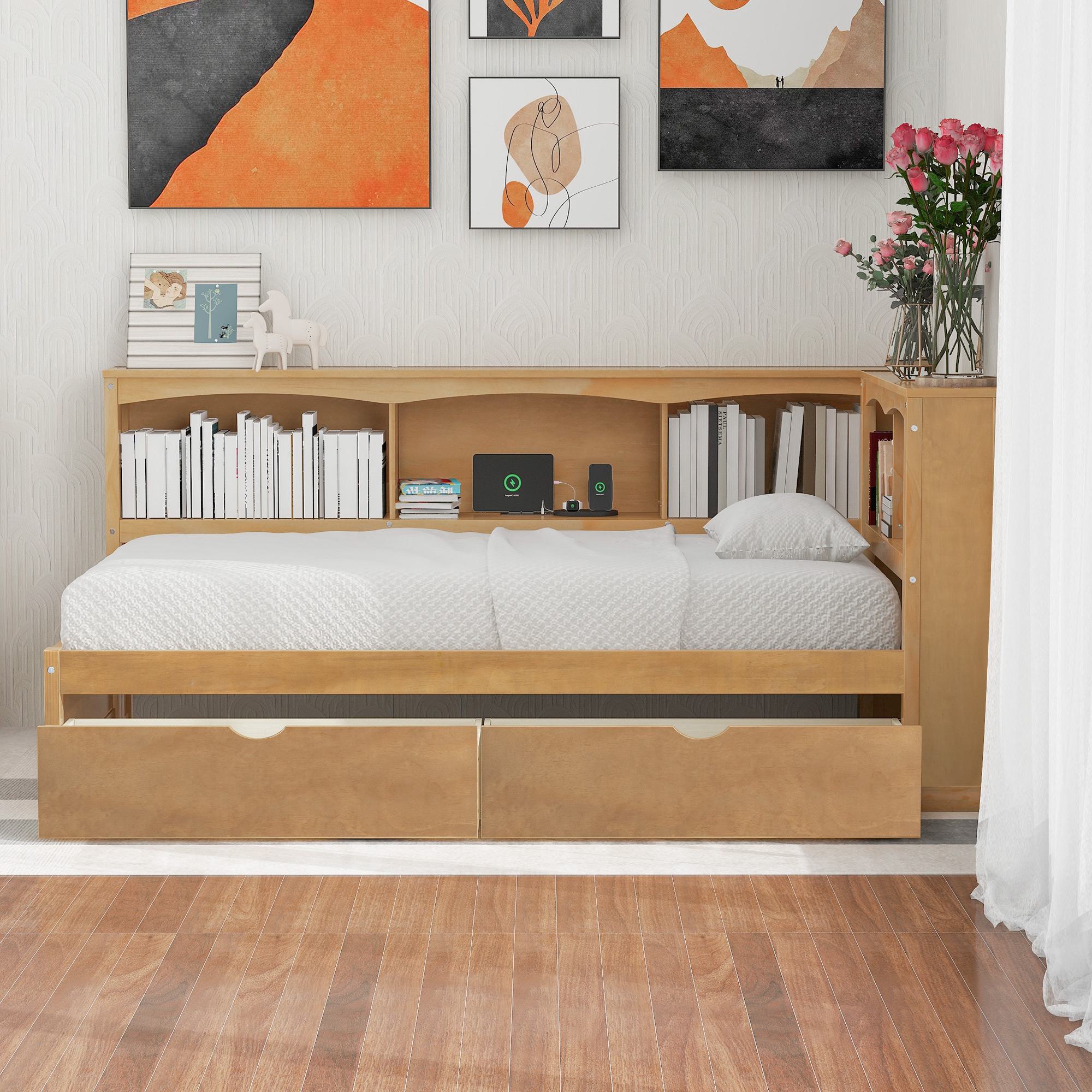Vinsetto Twin Size Daybed with 2 Storage Drawers, Storage Cabinets, USB Ports, Solid Wood and MDF, 86\\" L x 51\\" W x 37.5\\" H, Wood