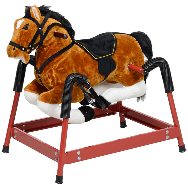 Qaba Spring Rocking Horse, Kids Ride on Horse, Plush Horse Ride-on w/ Sounds & Foot Stirrups for Kids 3-8 Years