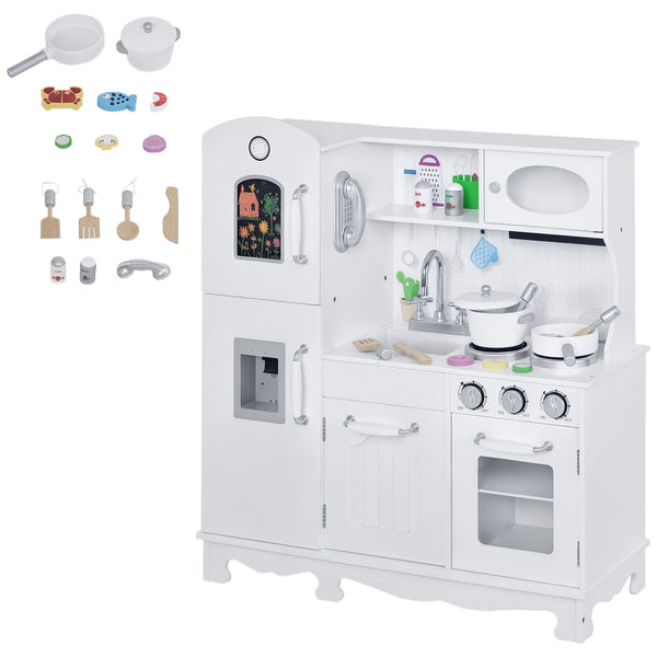 Qaba Kids Kitchen Playset with Telephone, Wooden Kitchenette for kids with Cookware, Storage Cabinet, Water Dispenser, Blackboard, Toddler Pretend Play Kitchen with Cooking Accessories for Aged 3+