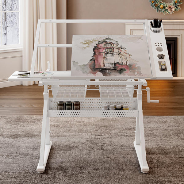 Hand-Crank Adjustable Drafting Table with 2 Large Metal Drawers, Drawing Desk with Tempered Glass Top, 40" L x 23.5" W x 29.5" H