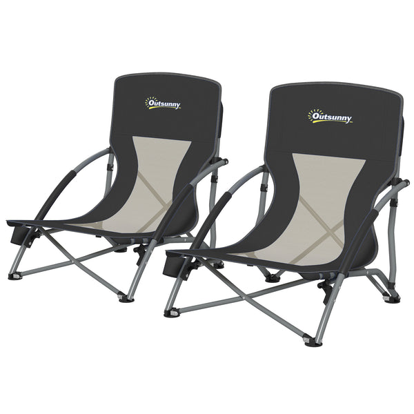 Outsunny Set of 2 Folding Beach Chairs with Mesh Back, Carry Bag and Cup Holder for Outdoor Camping Lawn Sports Picnic