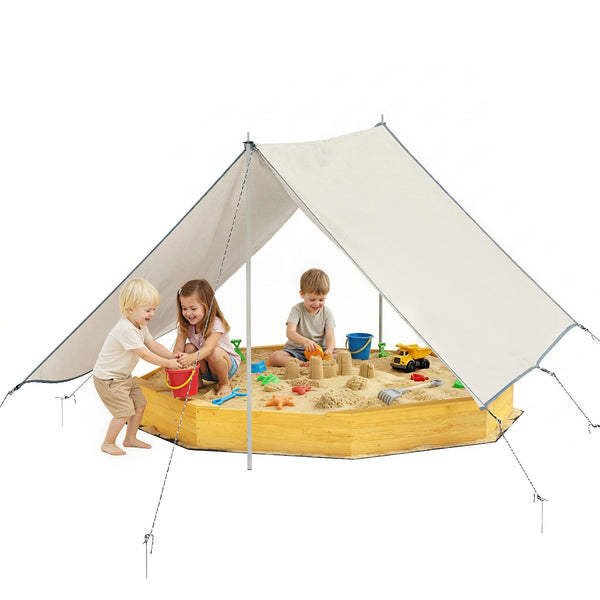 Qaba Wooden Sandbox with Large Canopy, Outdoor Sand Box with 4 Bench Seats, Bottom Liner for 8 Kids Aged 3-8