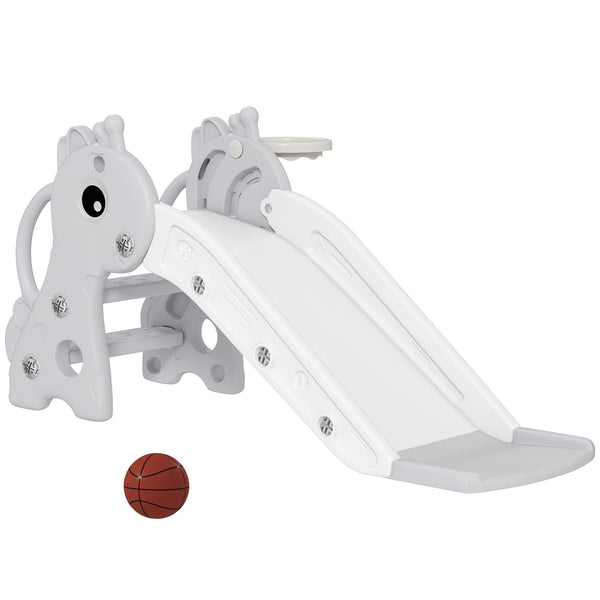 Qaba 3-in-1 Toddler Slide for Age 1-3, Freestanding Kids Slide with Climber, Basketball Hoop and Ball, Giraffe Design