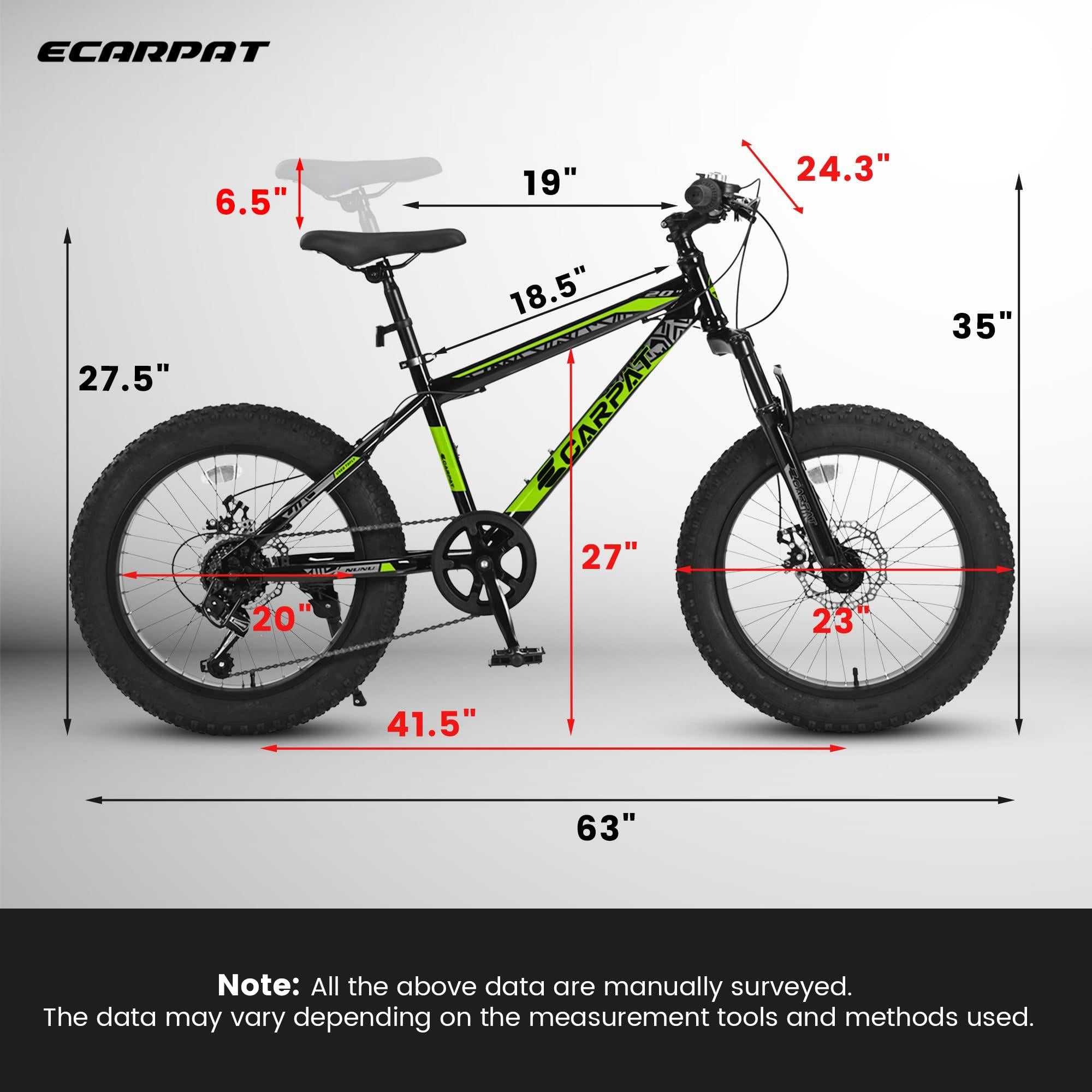 20\\" Kids\' Fat Tire Mountain Bike with 7-Speed Drivetrain, and Shock-Absorbing Front Fork, for Ages 8-12, 63\\" L x 24.5\\" W x 35\\" H, Blackish Green