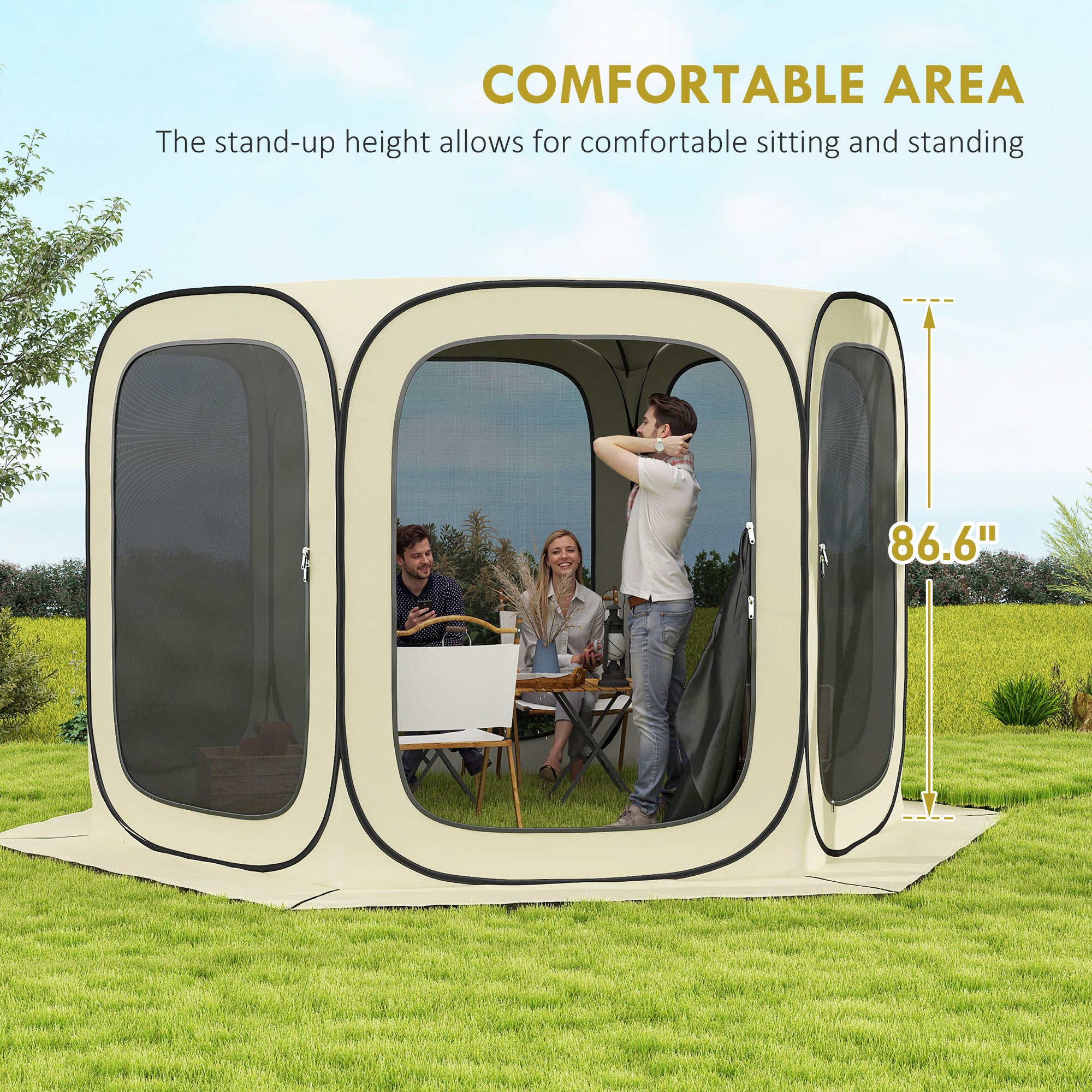 Outsunny 11 x 11ft Pop Up Screen Tent, UPF50+ Portable Camping Gazebo Screen House with Carry Bag, Beige
