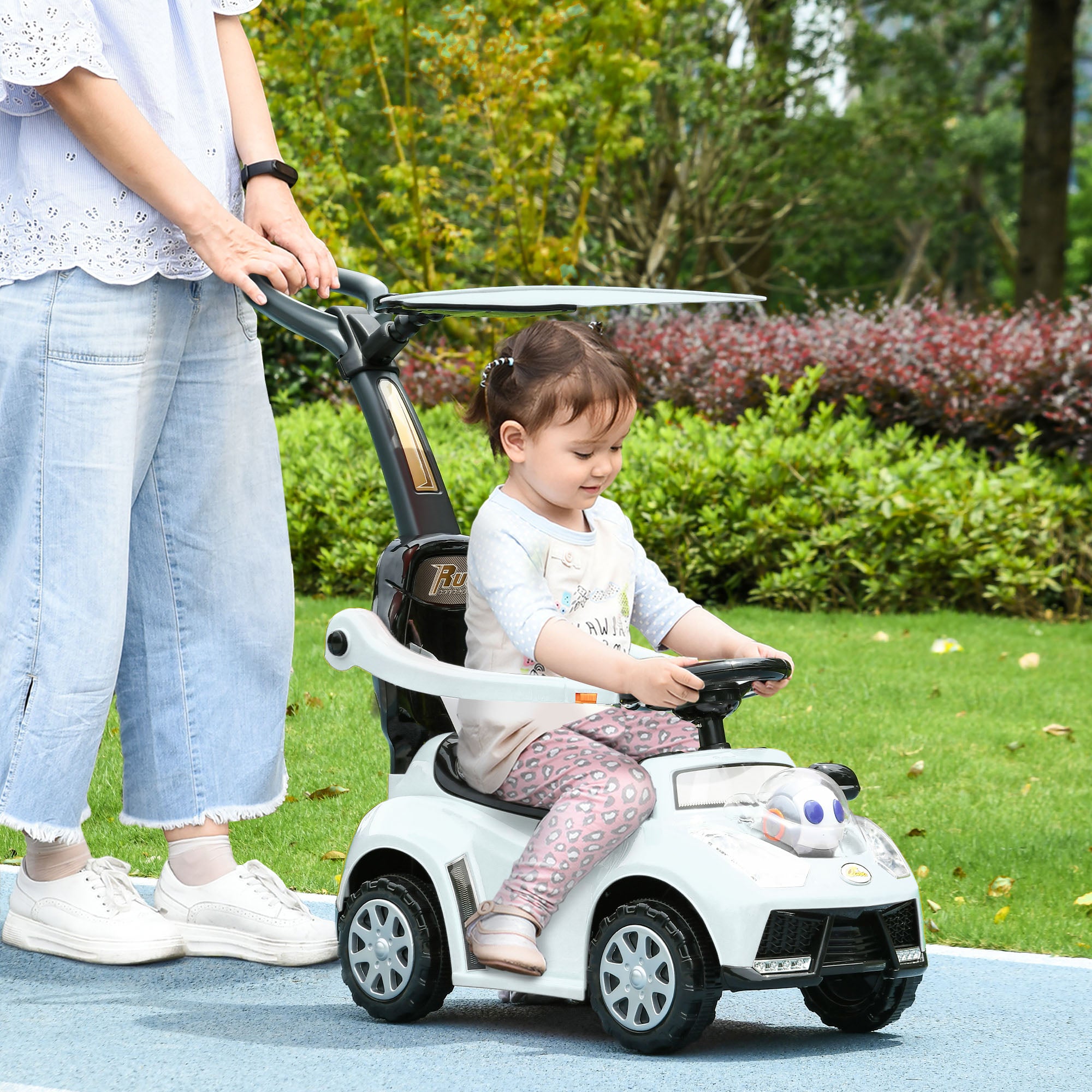 Qaba 3 in 1 Push Car Sliding Car with Removable Handle, Music, Horn, Canopy, Safety Guardrail, White