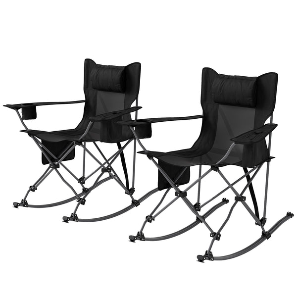 Outsunny Folding Rocking Camping Chairs, Portable Chairs with Headrest, Cooler Bag, Cup Holder, Carry Bag, 2 Pack