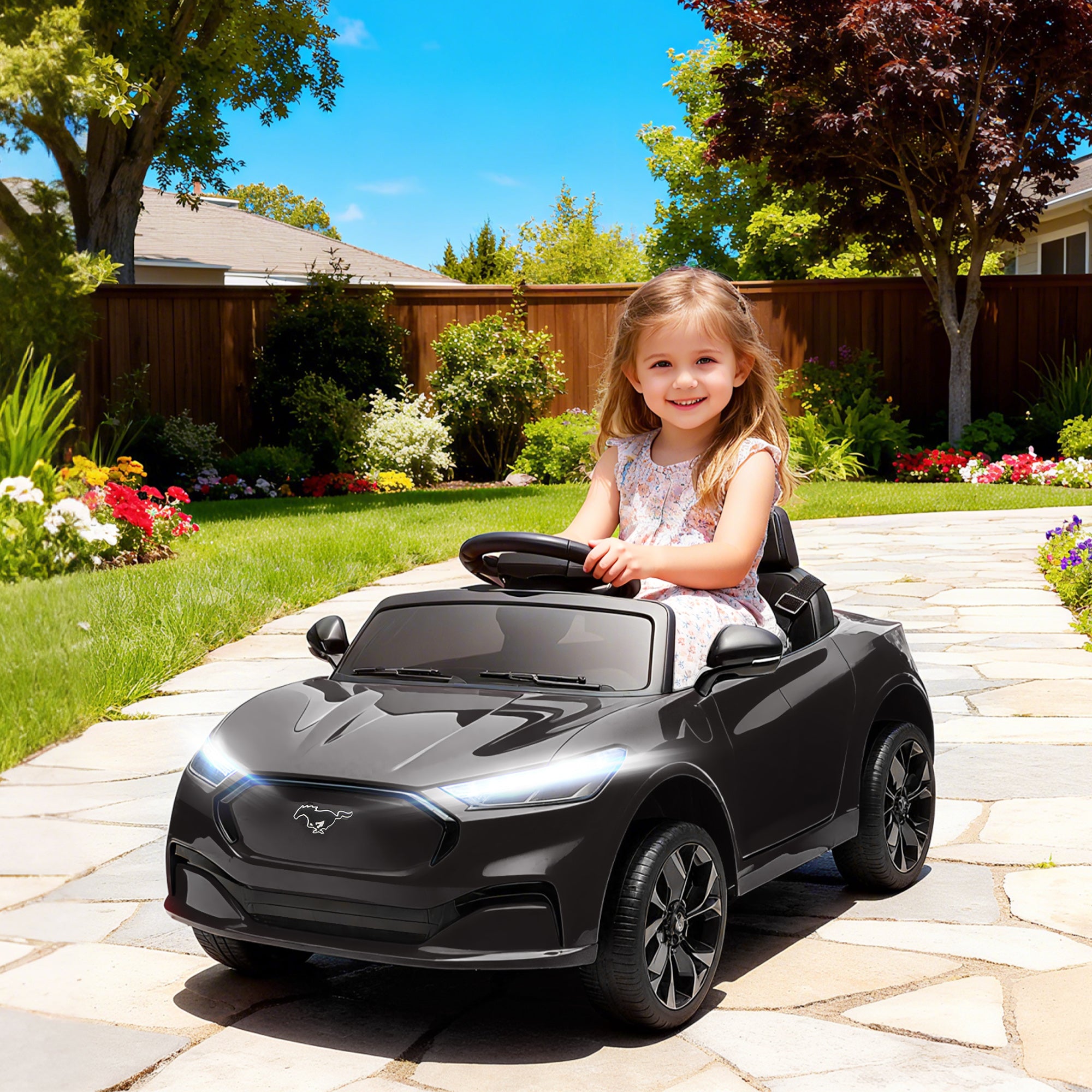 Qaba 12V Kids Ride On Car, Licensed Ford Mustang Mach-E Electric Car with Remote Control, LED Light, Music, Black