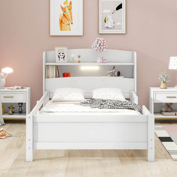 Wood Twin Size Platform Bed with Built-in LED Light, Storage Headboard, Guardrail, and Sturdy Construction, 87" L x 43" W x 31" H