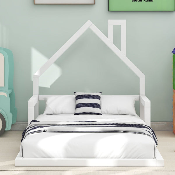 Twin Size Wood Floor Bed with House-Shaped Headboard, Sturdy Wood Construction, No Box Spring Needed, 78" L x 41.5" W x 39" H