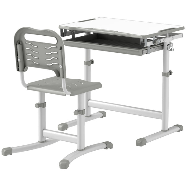 Qaba Height Adjustable Kids Desk and Chairs Set with Tilt Desktop, Storage Drawer, Pen Slot, Hook