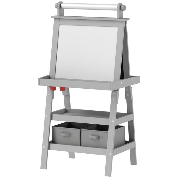 Qaba Double Sided Easel for Kids, Standing Toddler Easel with Paper Roll, Magnetic Whiteboard, Chalkboard & Storage