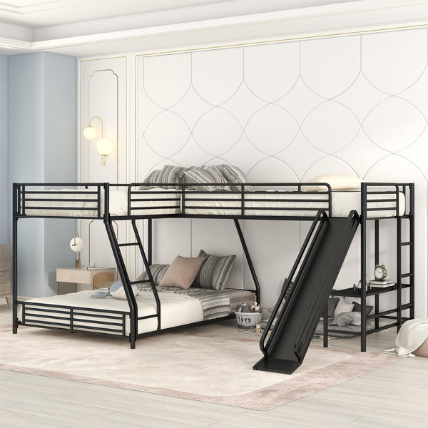 L-Shaped Twin over Full Bunk Bed with Twin Loft, Built-in Desk, Slide, Metal Frame, 117.5" L x 77.5" W x 53" H