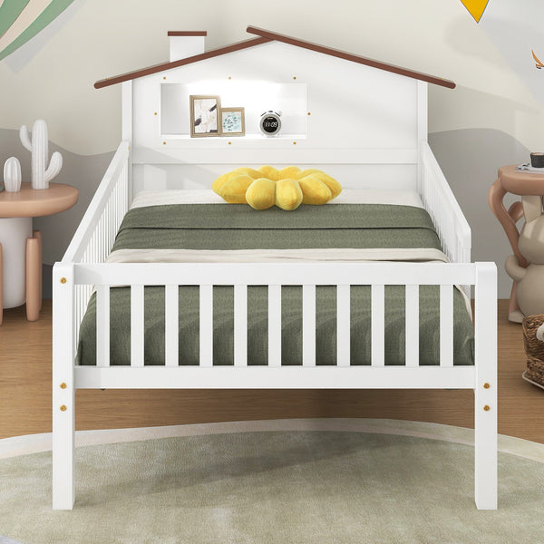 Twin Size Wood Platform Bed with House-Shaped Headboard, LED Light, Built-in Storage, 82" L x 41" W x 36" H