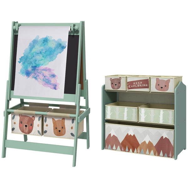 Qaba Kids Toy Organizer and Kids Easel Set with 6 Storage Bins, Paper Roll, Blackboard, Whiteboard, for Ages 3-8 Years