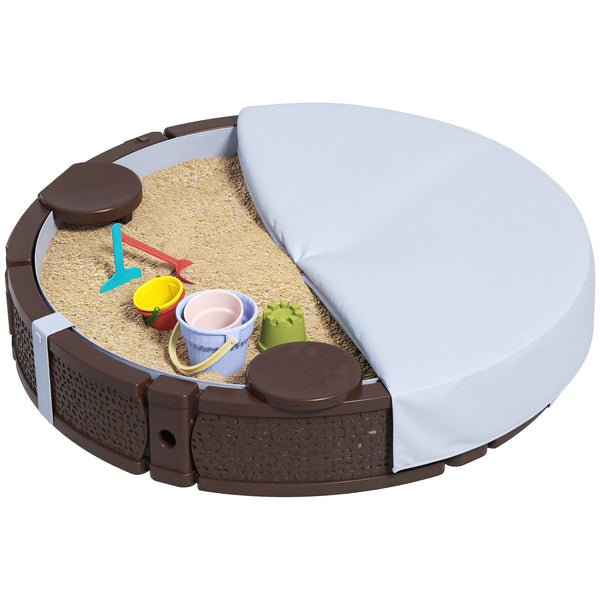 Qaba 47" Round Kids Sandbox with Cover, 3 Seats, Waterproof Bottom Liner, for Backyard, Lawn, Garden, Beach, Patio