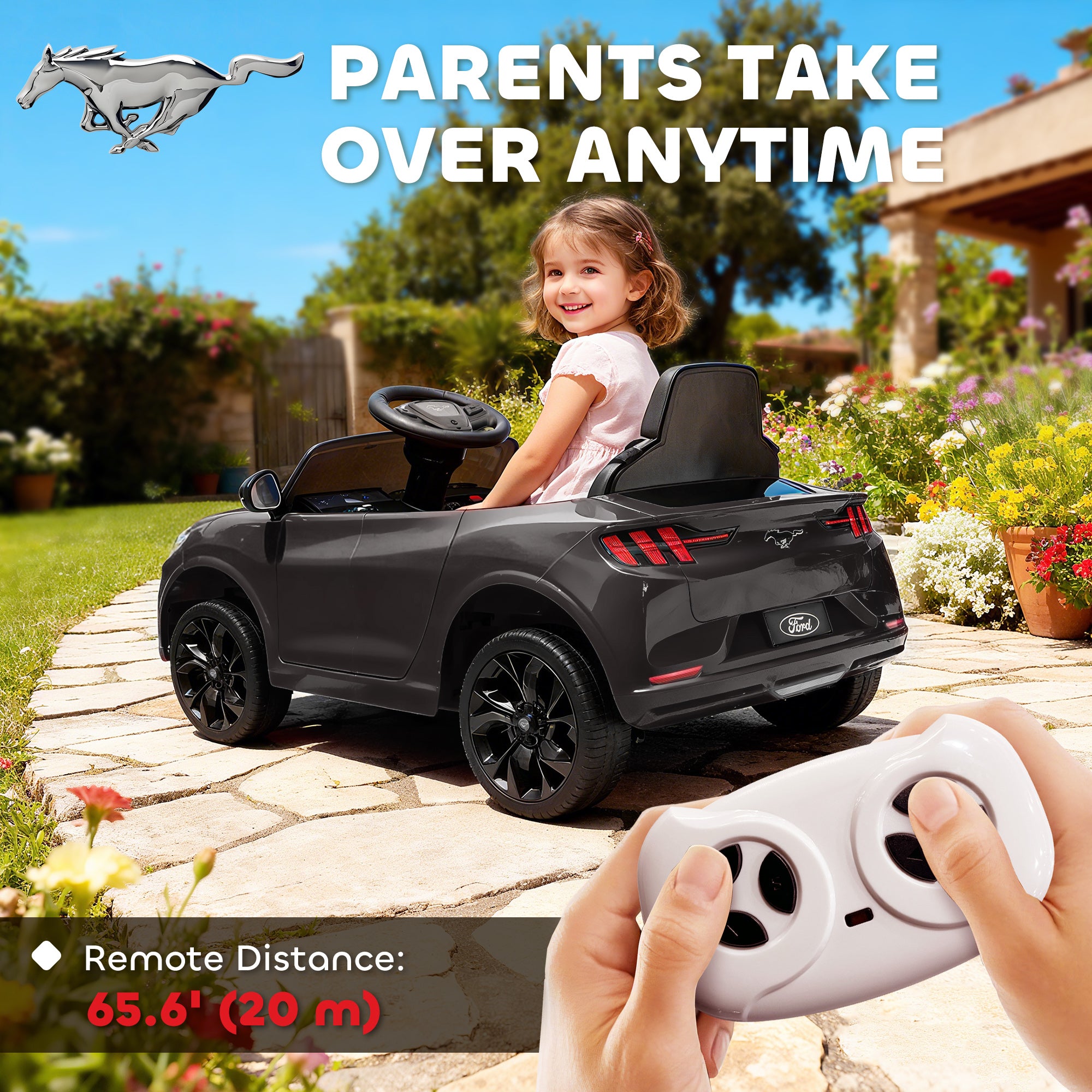 Qaba 12V Kids Ride On Car, Licensed Ford Mustang Mach-E Electric Car with Remote Control, LED Light, Music, Black
