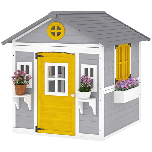 Outsunny Wooden Playhouse for Kids Outdoor with Doors, Windows, Planter Pots and Boxes for Toddlers 3-8 Years