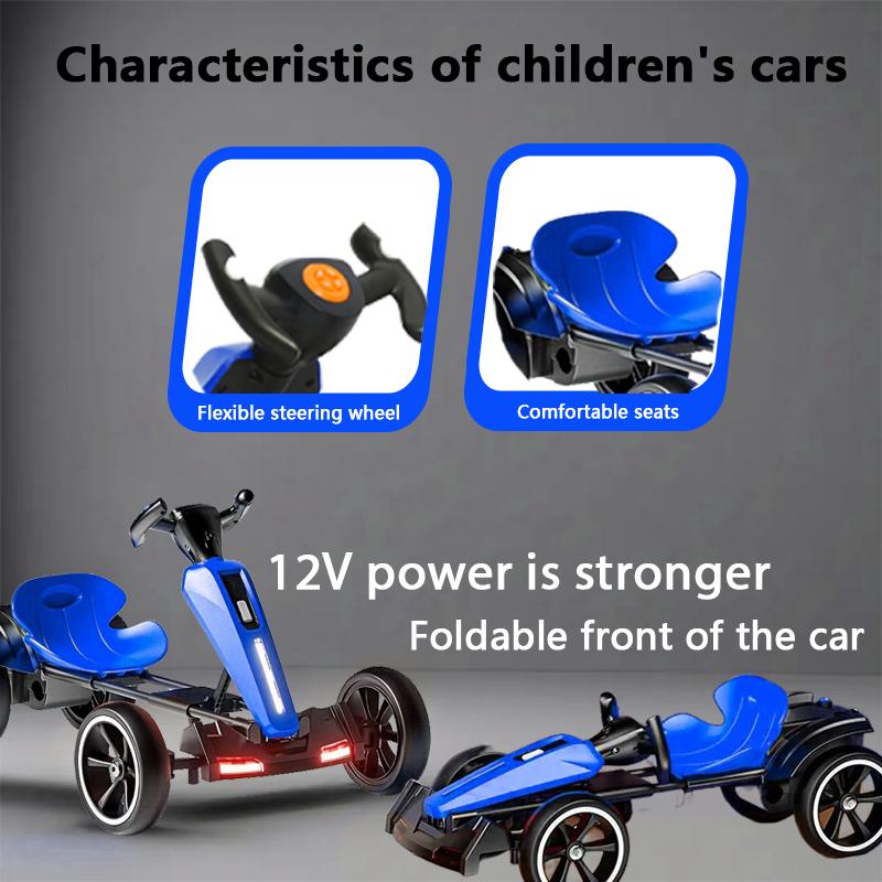 12V Electric Pedal Go-Kart for Kids with Adjustable High-Back Seat, Ride-On Truck with Music/Flashing Lights, 38\'\' L x 22.5\'\' W x 19.5\'\' H, Blue