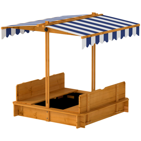 Outsunny Wooden Kids Sandbox with Cover, Children Outdoor Sand Box with Foldable Bench Seats and Adjustable Canopy