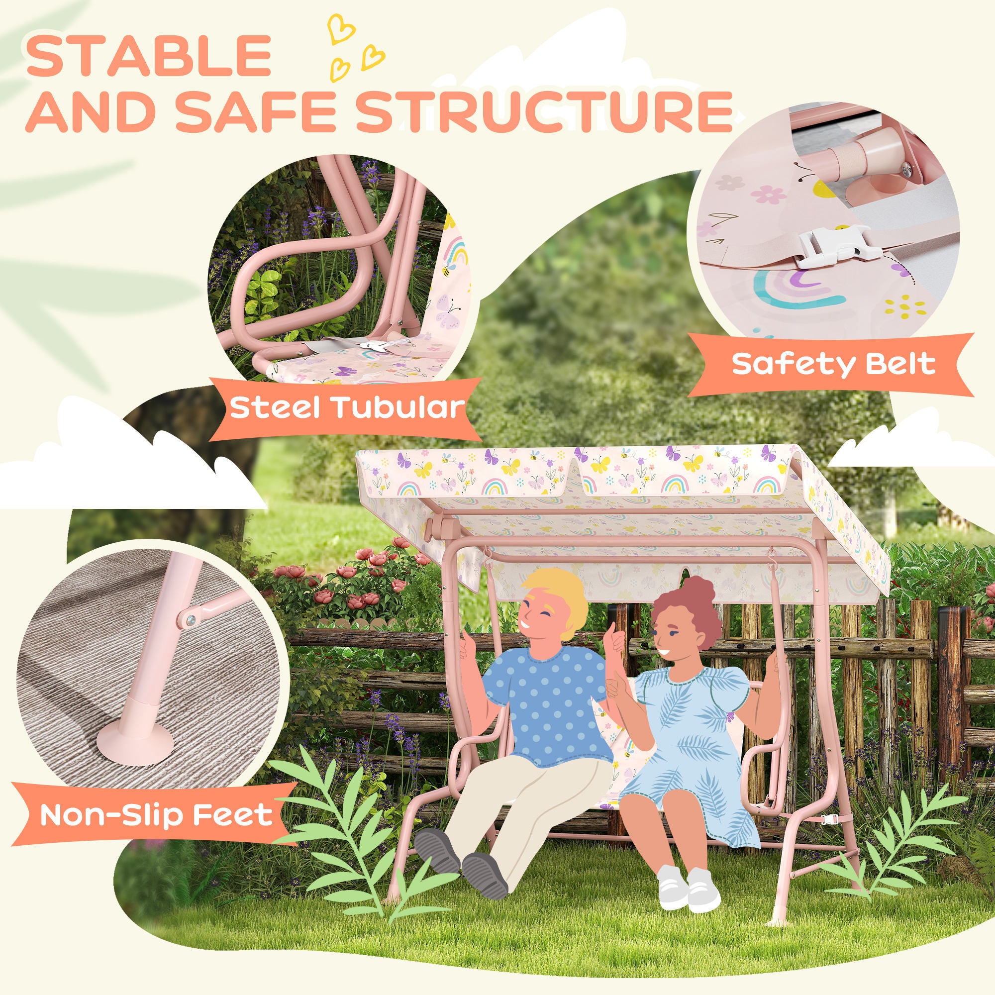Qaba Kids Patio Swing Chair with Adjustable Canopy, Safety Belt for Patio, Garden, Poolside, Balcony, Pink