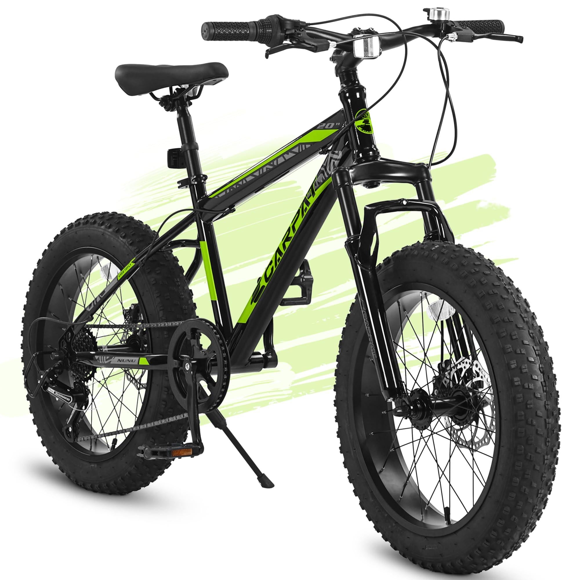 20\\" Kids\' Fat Tire Mountain Bike with 7-Speed Drivetrain, and Shock-Absorbing Front Fork, for Ages 8-12, 63\\" L x 24.5\\" W x 35\\" H, Blackish Green