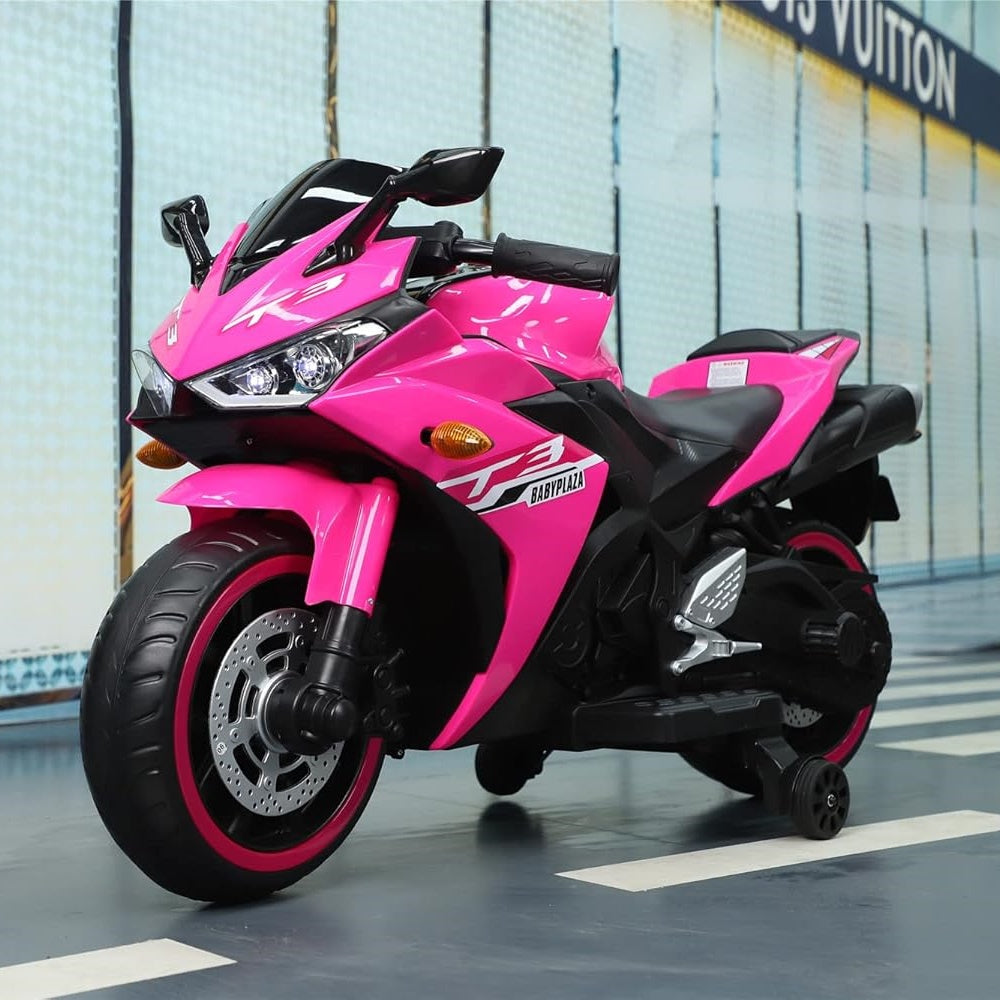 12V Kids Electric Ride-On Motorcycle with Training Wheels and Headlight, Motorbike with MP3 and Light-Up Wheels, 46" L x 20" W x 26" H - Pink (2)