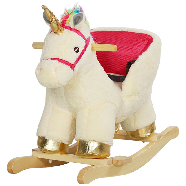 Qaba Kids Rocking Horse, Unicorn with Realistic Sound, Safety Belt & Wooden Base for 18-36 Months
