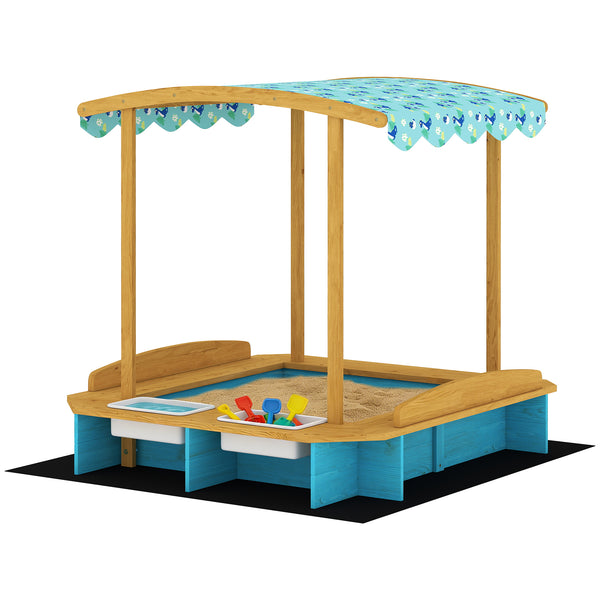 Qaba Wooden Sandbox with Dinosaur Print Canopy Kids Sandbox Outdoor with Bench Seats & 2 Storage Bins