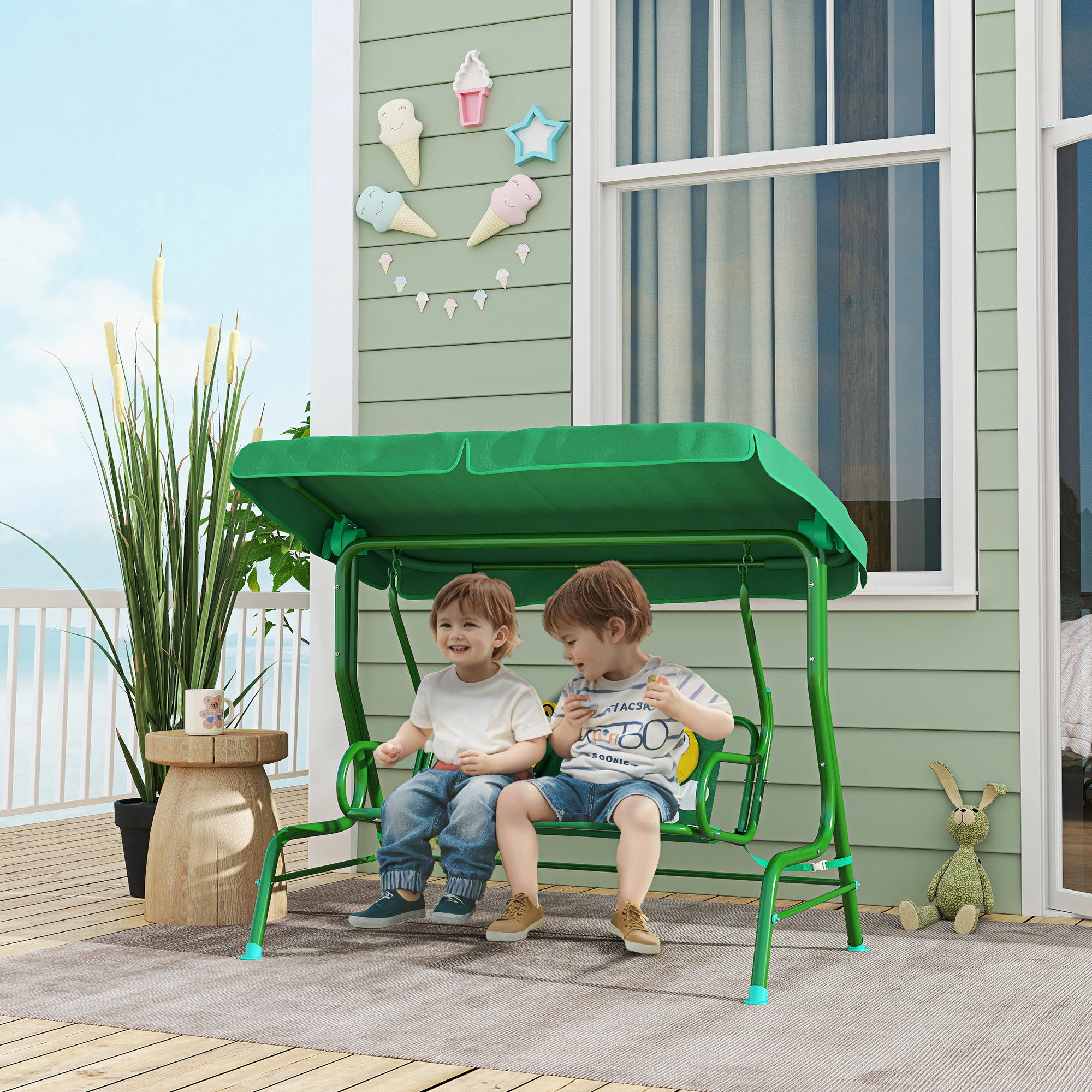 Qaba Kids Patio Swing Chair with Adjustable Canopy, Safety Belt for Patio, Garden, Poolside, Balcony, Dark Green