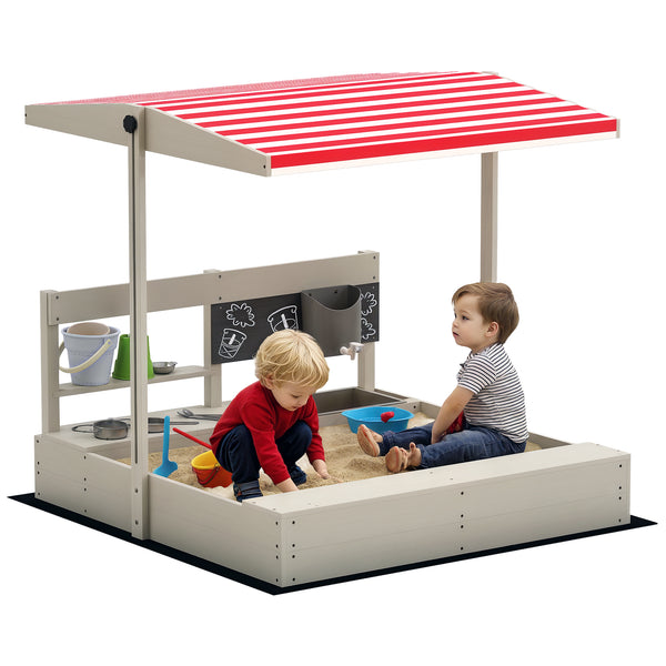 Outsunny Kids Sandbox with Height Adjustable Canopy, Wooden Sandbox Backyard Toy with Kitchen Playset Accessories, Outdoor Activity Gift for Girls and Boys, Ages 3-7