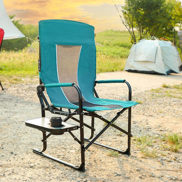 Camping Director's Chair with Side Table and Pocket, Steel Frame, Heavy Duty Oversized Portable Folding Chair, 25" L x 27.5" W x 43.5" H