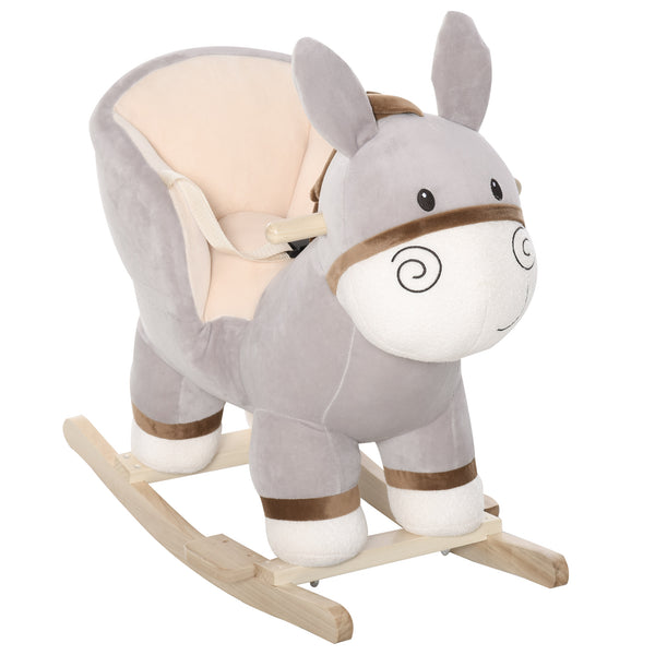 Qaba Kids Rocking Chair, Plush Ride On Rocking Horse Donkey with Sound, Wood Base Seat, Safety Belt, Baby Toddler Rocker Toy for 18 - 36 Months