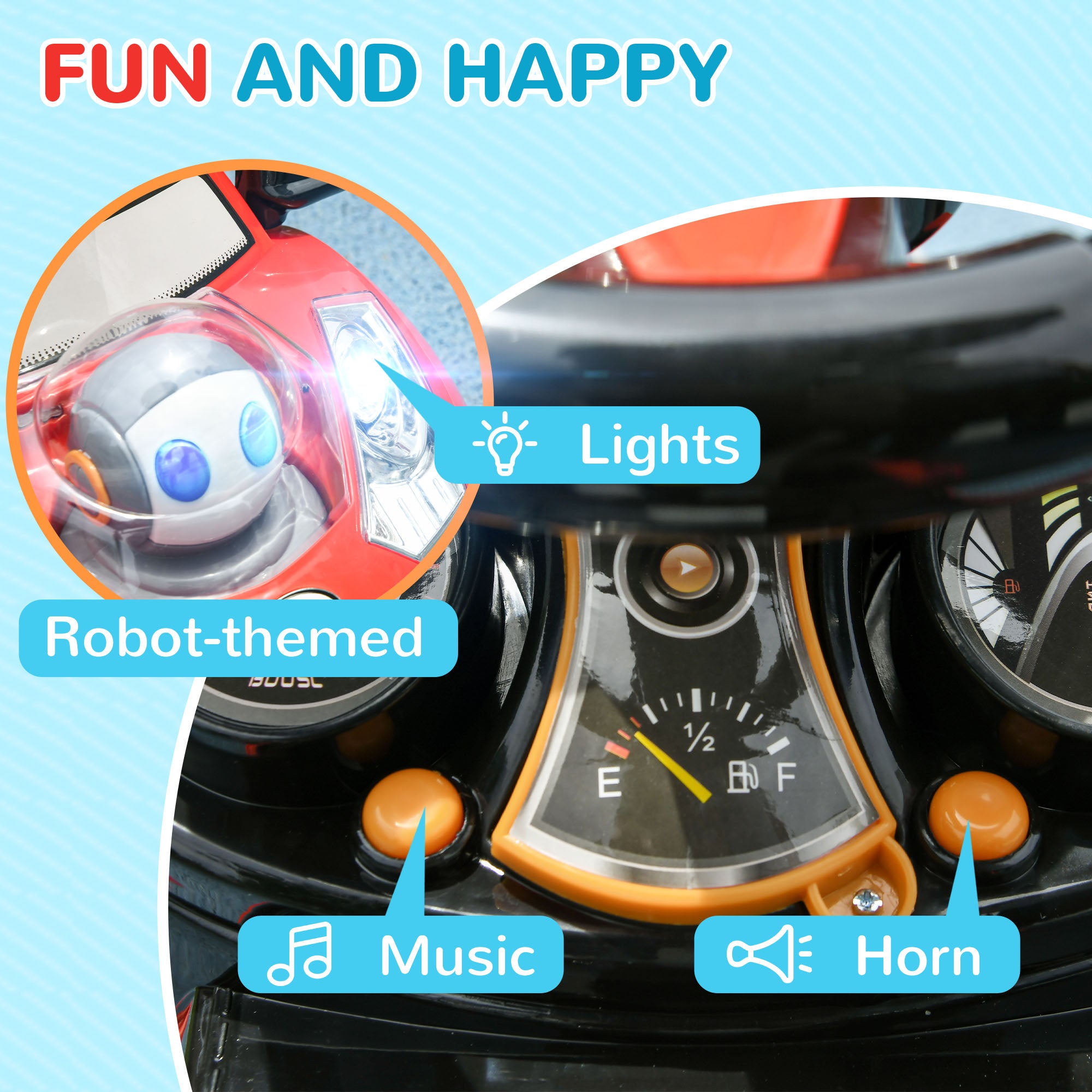 Qaba 3 in 1 Push Car Sliding Car with Removable Handle, Music, Horn, Canopy, Safety Guardrail, Red