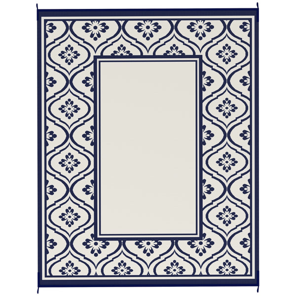 Outsunny Reversible Outdoor Rug, Waterproof Plastic Straw with Carry Bag, 8' x 10', Blue & White Gourd Border
