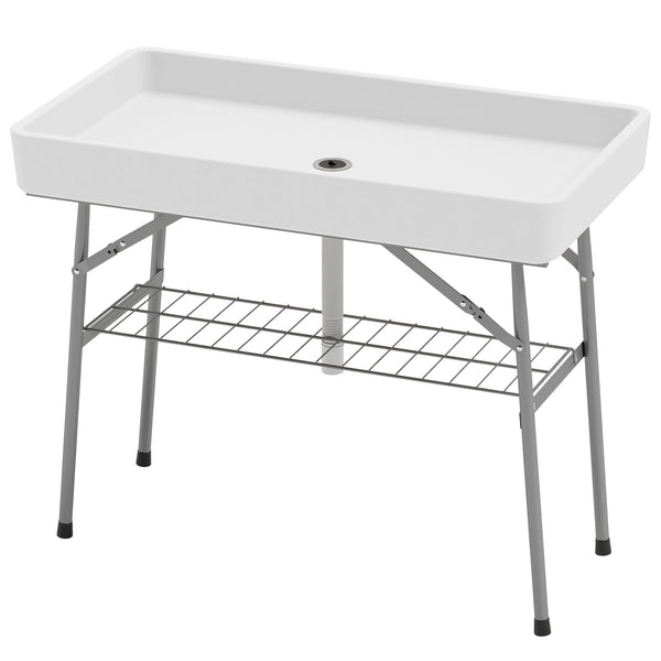 Outsunny 3.4ft Folding Ice Cooler Table with Drain, Fill and Chill Table Outdoor Table Cooler with Storage Shelf, Drink Cooler for Parties Picnic BBQ Camping Wedding