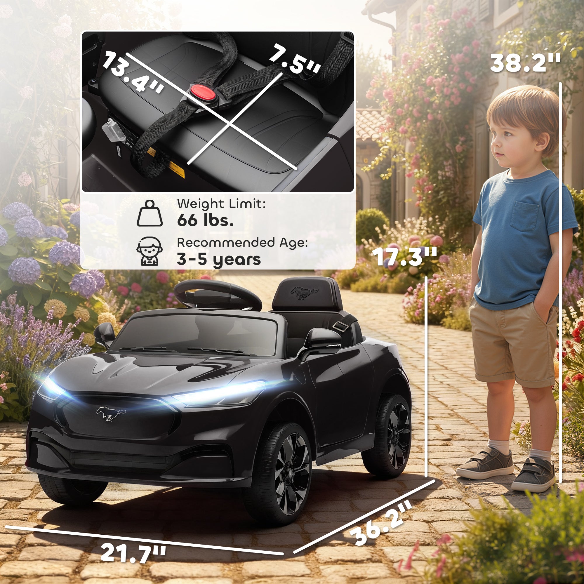 Qaba 12V Kids Ride On Car, Licensed Ford Mustang Mach-E Electric Car with Remote Control, LED Light, Music, Black