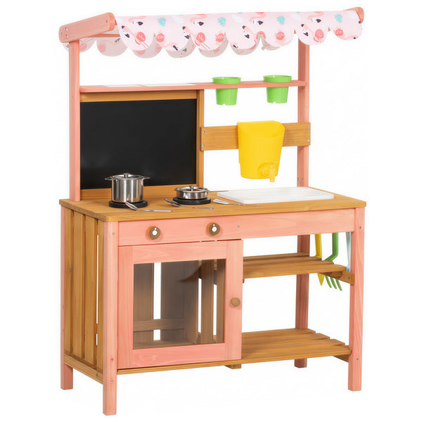 Qaba Kids Mud Kitchen with Canopy, Outdoor Wooden Play Kitchen with Planter Box, Accessories for Age 3-6