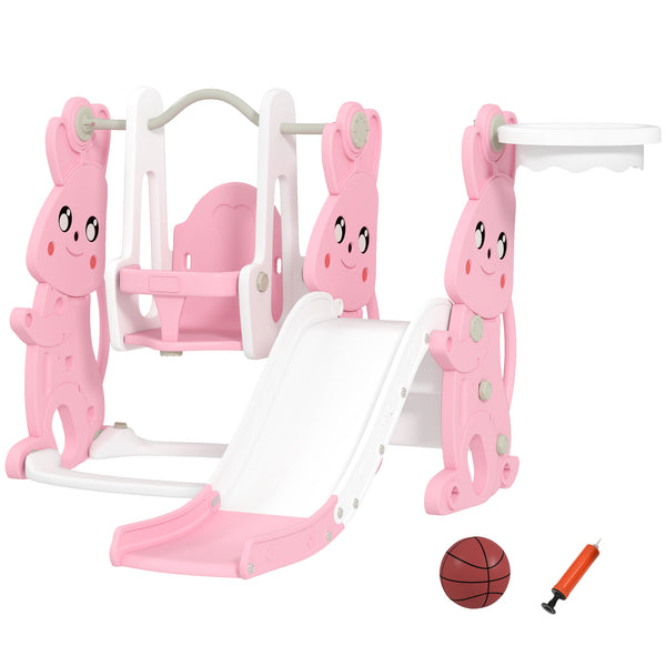 Qaba 4 in 1 Toddler Slide and Swing Set with Climber, Basketball Hoop, Rabbit Themed Kids Playset for Ages 1.5-4