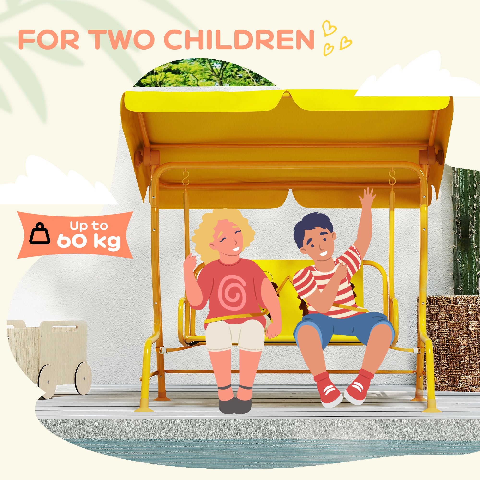 Qaba Kids Patio Swing Chair with Adjustable Canopy, Safety Belt for Patio, Garden, Poolside, Balcony, Yellow