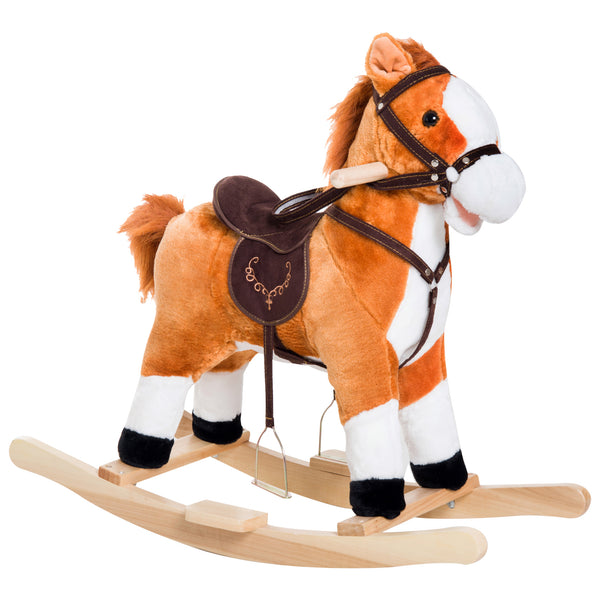 Qaba Kids Plush Toy Rocking Horse, Wooden Ride-on Chair, Plush Animal Rocker with Realistic Sounds and Moving Tail for Toddlers