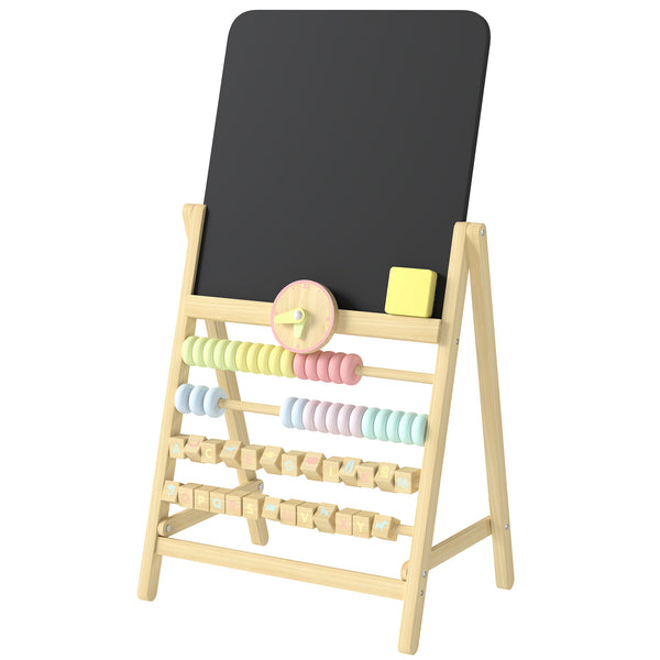 Qaba Wooden Kids Art Easel with Double-Sided Chalkboard, Clock, Abacus, Blackboard Eraser for Painting, for Ages 2+