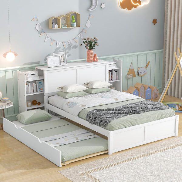 Vinsetto Full Size Storage Platform Bed with Pull Out Shelves, Twin Size Trundle, Solid Wood and MDF, 98" L x 89" W x 39.5" H