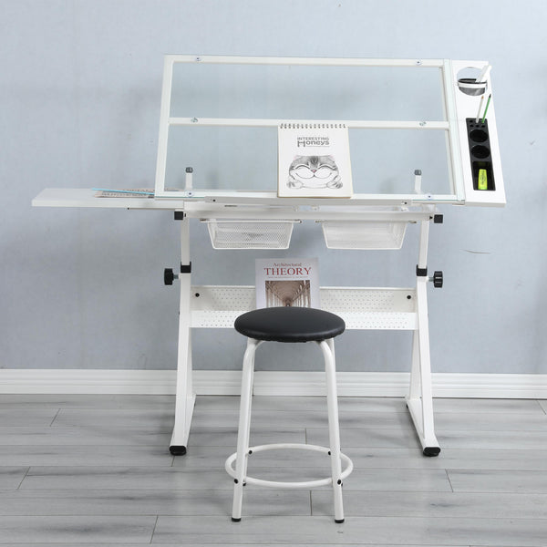 Adjustable Tempered Glass Drafting Table with 2 Metal Drawers, Chair, Powder-Coated Steel Frame Desk for Kids, 40" L x 23.5" W x 27.5" H