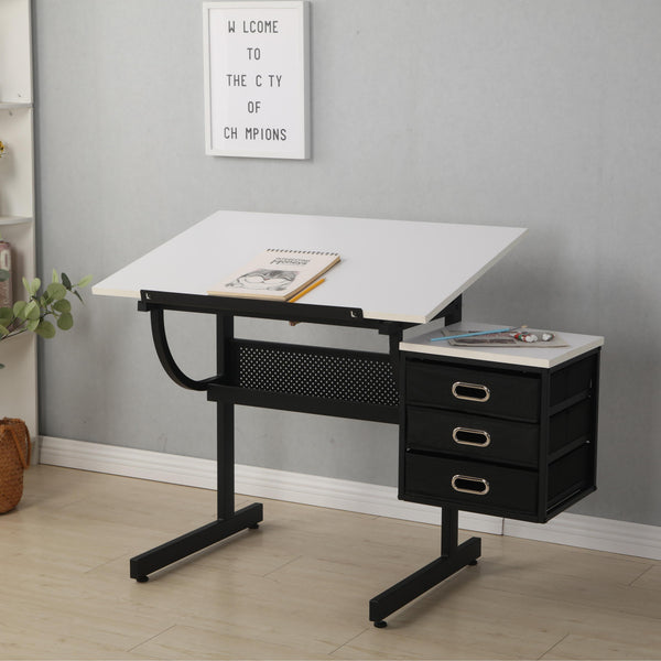 Adjustable Drafting Table with Stool and 3 Hanging Fabric Drawers, Desk for Drawing, Crafting & Reading, 45.5" L x 23.5" W x 30" H, Black+