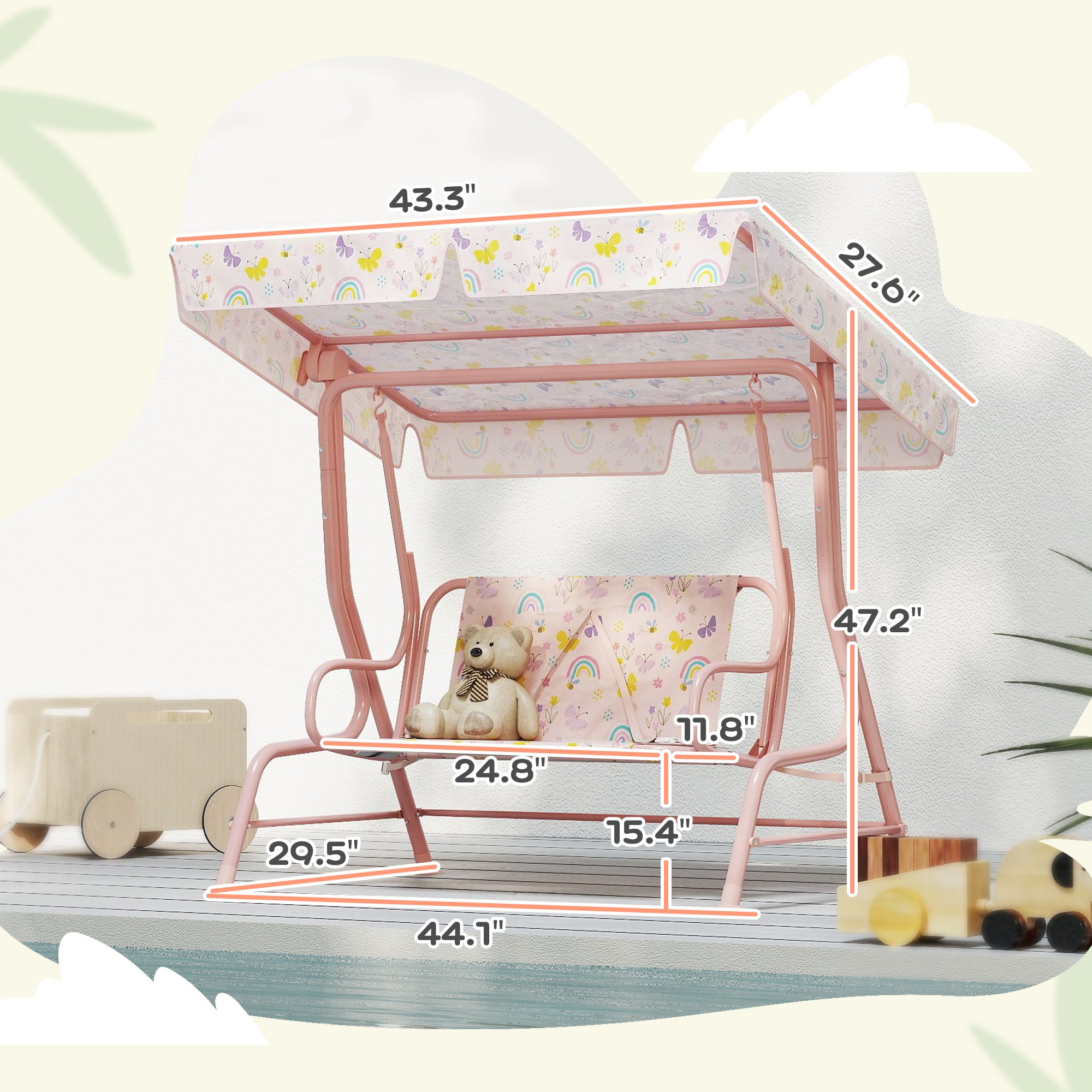 Qaba Kids Patio Swing Chair with Adjustable Canopy, Safety Belt for Patio, Garden, Poolside, Balcony, Pink