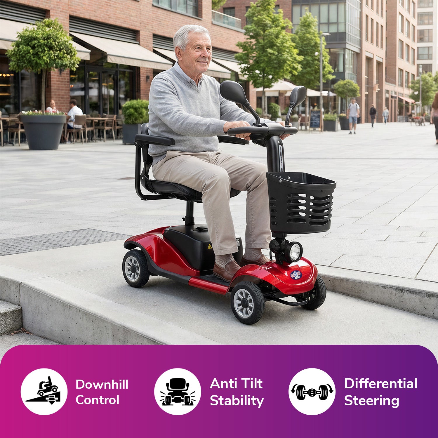 Ecolo Cycle ET4 Move 4 Wheel Mobility Scooter for Adults and Seniors - Health Canada Approved - Lightweight Foldable Electric Scooter with LED Lights, Rear Suspension & Detachable Basket