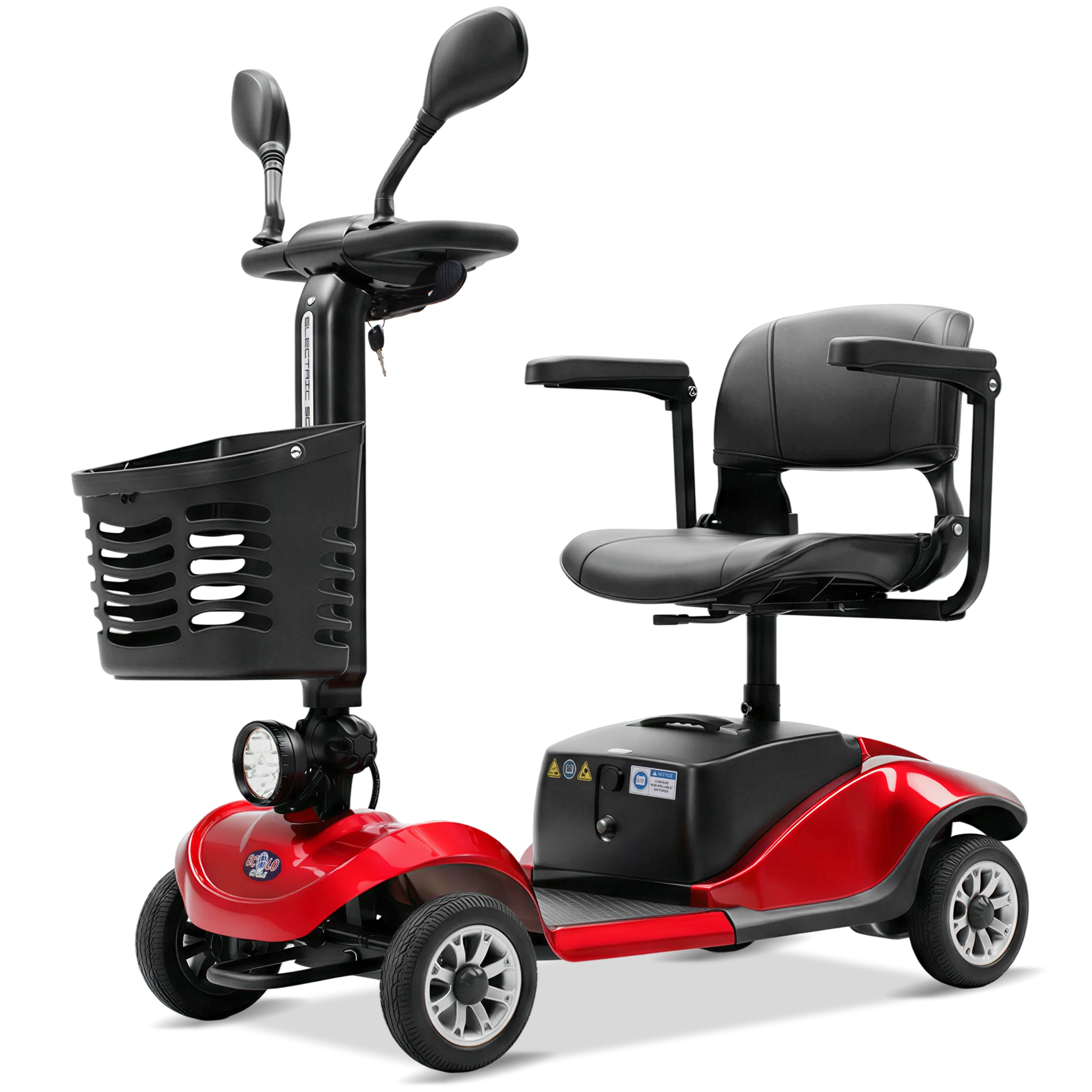 Ecolo Cycle ET4 Move 4 Wheel Mobility Scooter for Adults and Seniors - Health Canada Approved - Lightweight Foldable Electric Scooter with LED Lights, Rear Suspension & Detachable Basket - SKU: ET4_MOVE_RED