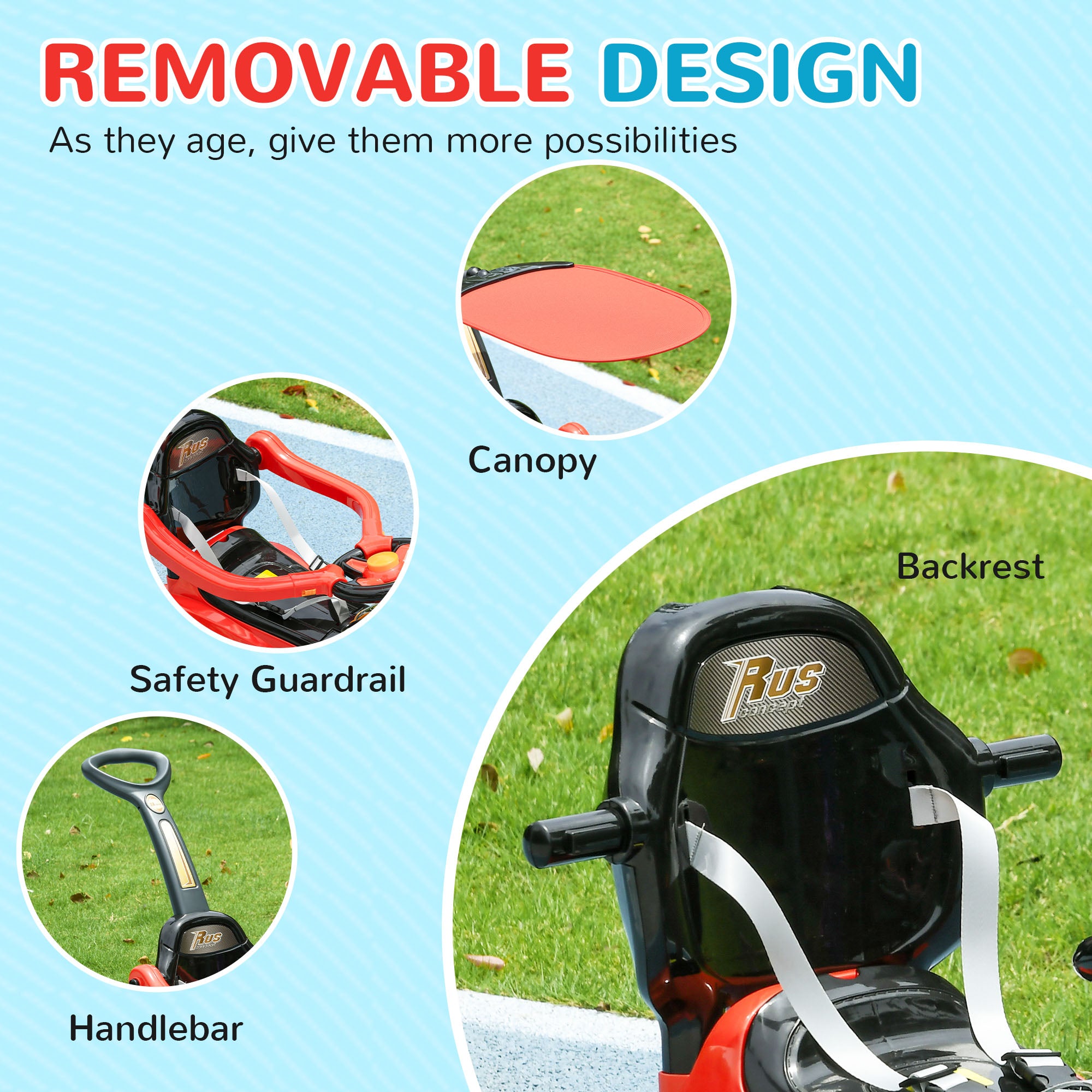 Qaba 3 in 1 Push Car Sliding Car with Removable Handle, Music, Horn, Canopy, Safety Guardrail, Red